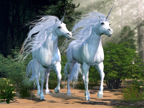 Two buck unicorns run together through a beautiful magical forest.