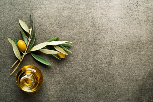 Olive oil and olive branch on the gray table