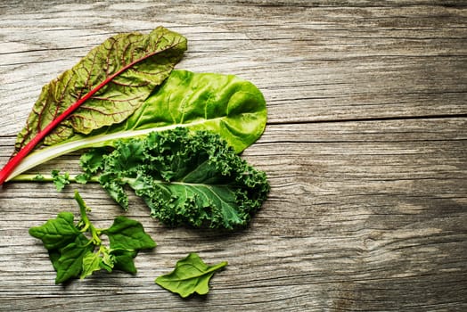 Vegetable healthy green leaves. Kale, swiss chard and spinach on wooden background