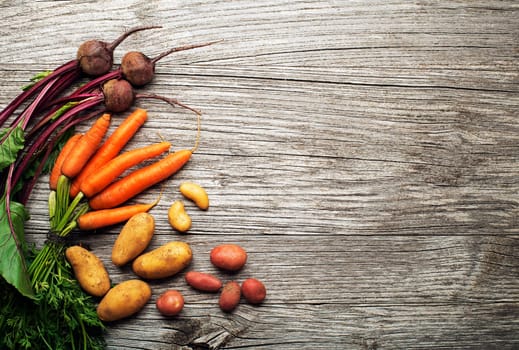 Various fresh vegetables and ingredients on wooden rustic background