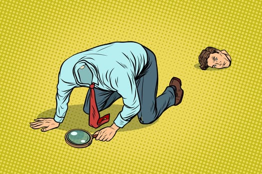 The man lost his head. Looking with a magnifying glass. pop art retro vector illustration