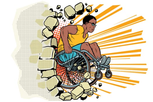 Black male athlete in a wheelchair punches the wall. African American person in sports. Barrier-free environment for disabled. pop art retro vector illustration