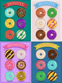 Vintage cards with colorful donuts. Colorful banners for custom text.  illustration