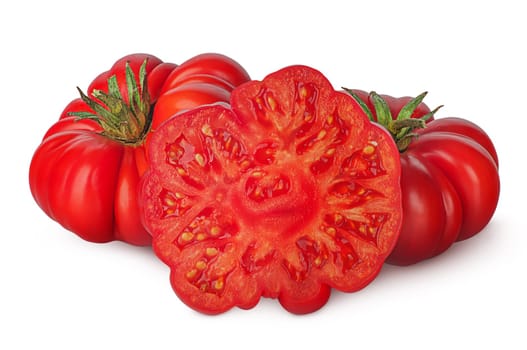 Whole and part of heirloom tomatoes isolated on white background