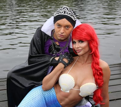 Julian F.M. Stoeckel ( evil stepmother of Snow White ) and Micaela Schaefer ( mermaid Arielle ) ,. Dragon boat race in favor of Hamburg children's aid projects at the Hansa Rowing Club on the Alster Hamburg ,09.09.2017.