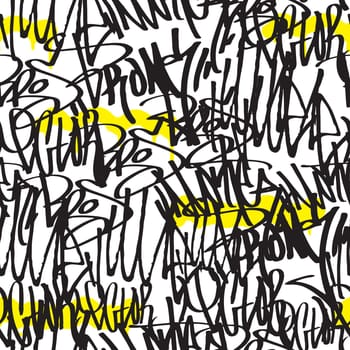 Vector tags seamless pattern. Fashion black and white graffiti hand drawing design texture in hip hop street art style for t-shirt skateboard textile