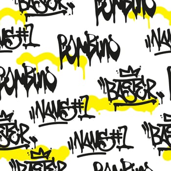 Vector tags seamless pattern. Fashion black and white graffiti hand drawing design texture in hip hop street art style for t-shirt skateboard textile