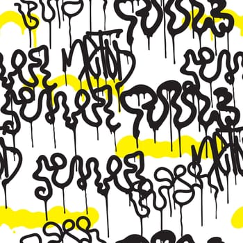 Vector tags seamless pattern. Fashion black and white graffiti hand drawing design texture in hip hop street art style for t-shirt skateboard textile