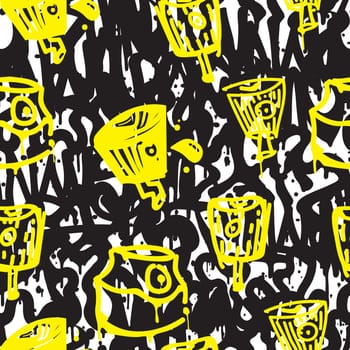 Vector tags seamless pattern. Fashion black and white graffiti hand drawing design texture in hip hop street art style for t-shirt skateboard textile