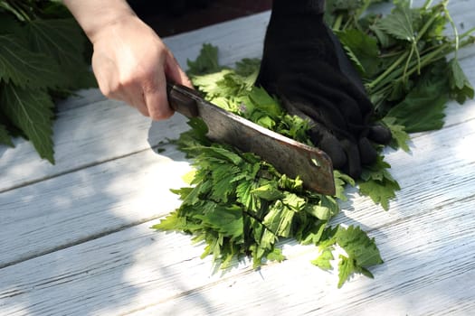 Woman chopping nettle leaves.