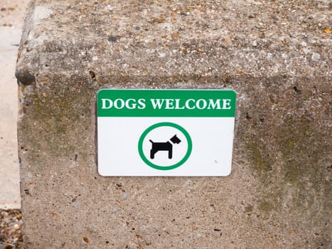 a dogs welcome sign on beach front wall  England  UK