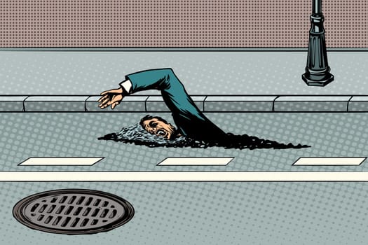 Businessman floating on the road like a river. Pop art retro vector illustration
