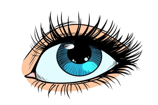 Female eyes with blue pupil. Pop art retro vector illustration