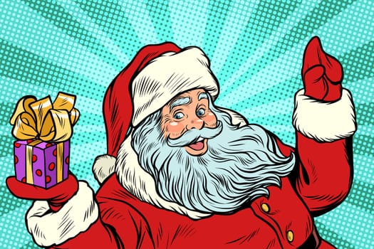 Santa Claus with gift. New year and Christmas. Pop art retro vector illustration