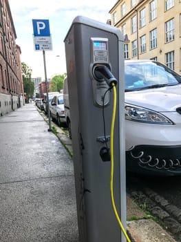 Oslo, Norway - 07 June 2017: Electric car charging station. Eco automobile that sparked a revolution