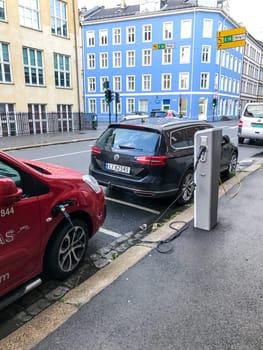 Oslo, Norway - 07 June 2017: Electric car charging station. Eco automobile that sparked a revolution