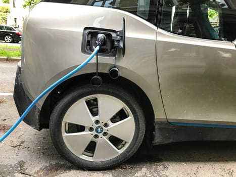 Oslo, Norway - 08 June 2017: Electric car charging station. Eco automobile that sparked a revolution