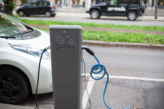 Electric car charging station in Oslo. Eco automobile that sparked a revolution