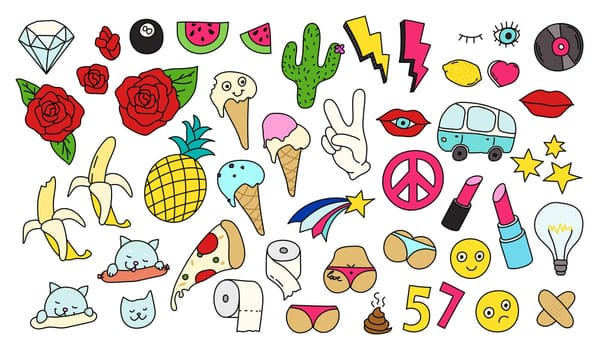 Fashion patch badges set. Isolated vector illustration with editable strokes. Stickers, pins, patches in cartoon 80s-90s comic style.