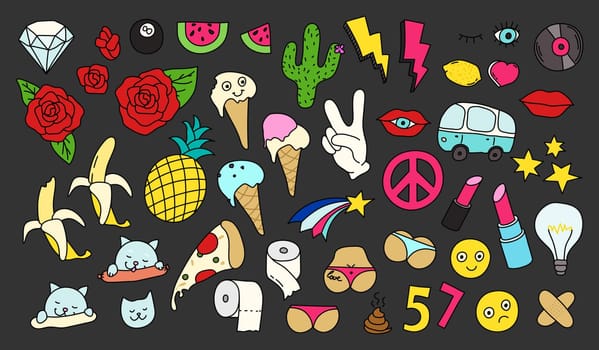 Fashion patch badges set. Isolated vector illustration with editable strokes. Stickers, pins, patches in cartoon 80s-90s comic style.