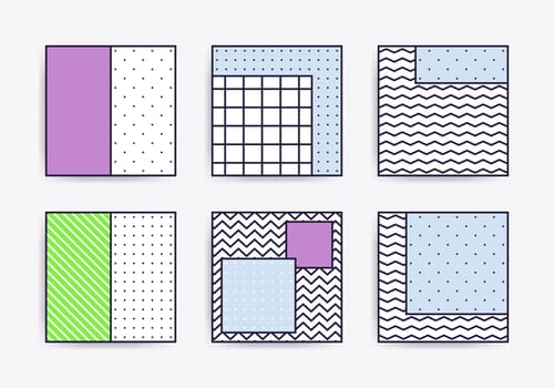Collection with trendy backgrounds for your project, animation, advertisement, commercial banner, flyer, sale, frame. Simple poster, patches, badges in mix neo memphis, pop art style