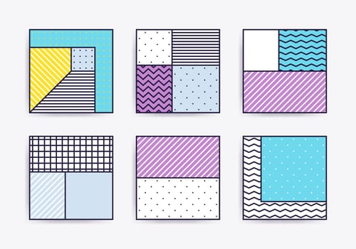 Collection with trendy backgrounds for your project, animation, advertisement, commercial banner, flyer, sale, frame. Simple poster, patches, badges in mix neo memphis, pop art style