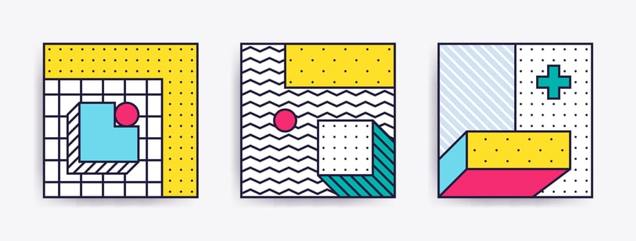 Big Collection with trendy backgrounds for your project, animation, advertisement, commercial banner, flyer, sale, frame. Simple poster, patches, badges in mix neo memphis, pop art style