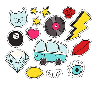 Fashion patch badges set. Isolated vector illustration with editable strokes. Stickers, pins, patches in cartoon 80s-90s comic style.