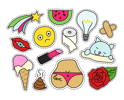 Fashion patch badges set. Isolated vector illustration with editable strokes. Stickers, pins, patches in cartoon 80s-90s comic style.