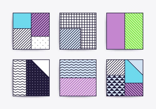 Collection with trendy backgrounds for your project, animation, advertisement, commercial banner, flyer, sale, frame. Simple poster, patches, badges in mix neo memphis, pop art style