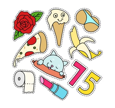 Fashion patch badges set. Isolated vector illustration with editable strokes. Stickers, pins, patches in cartoon 80s-90s comic style.