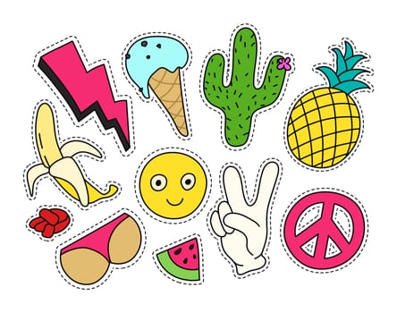 Fashion patch badges set. Isolated vector illustration with editable strokes. Stickers, pins, patches in cartoon 80s-90s comic style.