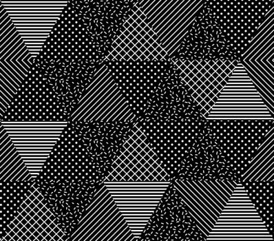 Vector Seamless Pattern. Abstract Geometric Black and White Doted Linear Triangle, Stylish Tiles with different ornament, Retro illustration. Simple background of perforated rhombus