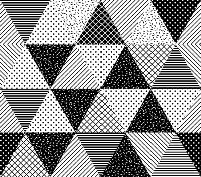 Vector Seamless Pattern. Abstract Geometric Black and White Doted Linear Triangle, Stylish Tiles with different ornament, Retro illustration. Simple background of perforated rhombus
