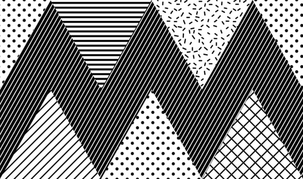 Vector Seamless Pattern. Abstract Geometric Black and White Doted Linear Triangle, Stylish Tiles with different ornament, Retro illustration. Simple background of perforated rhombus