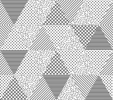 Vector Seamless Pattern. Abstract Geometric Black and White Doted Linear Triangle, Stylish Tiles with different ornament, Retro illustration. Simple background of perforated rhombus