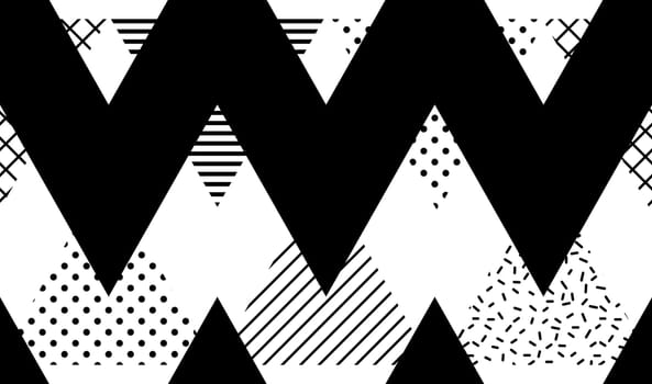 Vector Seamless Pattern. Abstract Geometric Black and White Doted Linear Triangle, Stylish Tiles with different ornament, Retro illustration. Simple background of perforated rhombus
