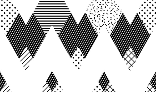 Vector Seamless Pattern. Abstract Geometric Black and White Doted Linear Triangle, Stylish Tiles with different ornament, Retro illustration. Simple background of perforated rhombus