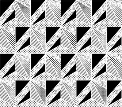 Vector Seamless Pattern. Abstract Geometric Black and White Doted Linear Triangle, Stylish Tiles with different ornament, Retro illustration. Simple background of perforated rhombus