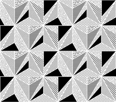 Vector Seamless Pattern. Abstract Geometric Black and White Doted Linear Triangle, Stylish Tiles with different ornament, Retro illustration. Simple background of perforated rhombus