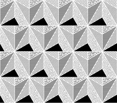 Vector Seamless Pattern. Abstract Geometric Black and White Doted Linear Triangle, Stylish Tiles with different ornament, Retro illustration. Simple background of perforated rhombus