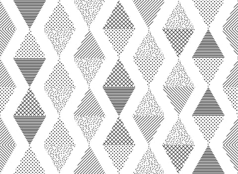 Vector Seamless Pattern. Abstract Geometric Black and White Doted Linear Triangle, Stylish Tiles with different ornament, Retro illustration. Simple background of perforated rhombus