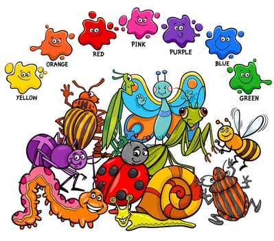 Cartoon Illustration of Primary Basic Colors Educational Page for Children with Insects Animal Characters
