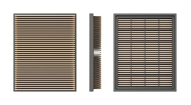 Front, side and back view of a car air filter, isolated on white background