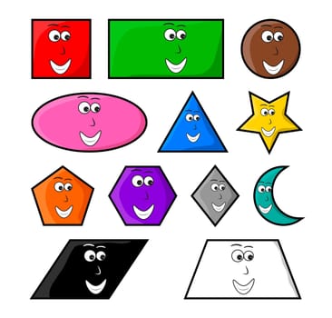 cartoon geometric shapes with smile vector symbol icon design., circle, oval, triangle, hexagon, rectangle, star,heart,rhombus  Beautiful illustration isolated on white background.