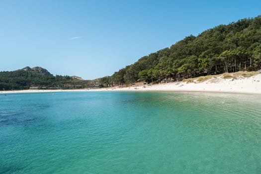 ISLAS CIES, SPAIN - CIRCA SEPTEMBER 2017: Sand beach of Playa de Rodas on the Cies Islands of Spain, included in the Atlantic Islands of Galicia National Park.