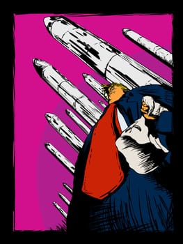 September 18, 2017. Editorial caricature of Donald Trump holding a KKK hood with nuclear missiles behind him