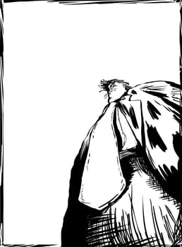 September 18, 2017. Outlined editorial cartoon of American president Donald Trump standing alone