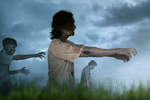 Crowd of asian zombies with wound and hand claw walking around at night