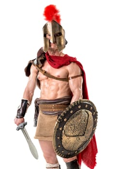Ancient warrior or Gladiator posing over a white background